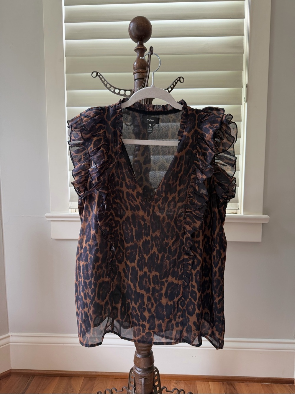 Aqua Leopard Print Ruffle V-Neck Shell - Brown/Black
